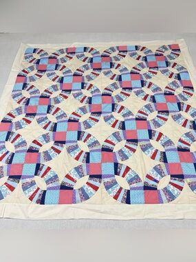 Handmade Double wedding ring Sewing Patchwork Queen size Cotton Quilt Top/Topper